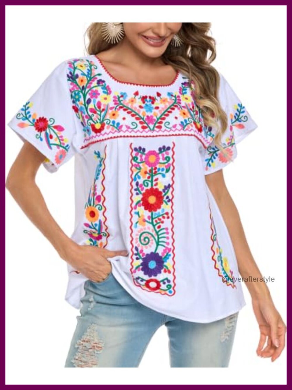 Floral Embroidered Cotton Peasant Blouse Boho Tunic Top Short Sleeve
